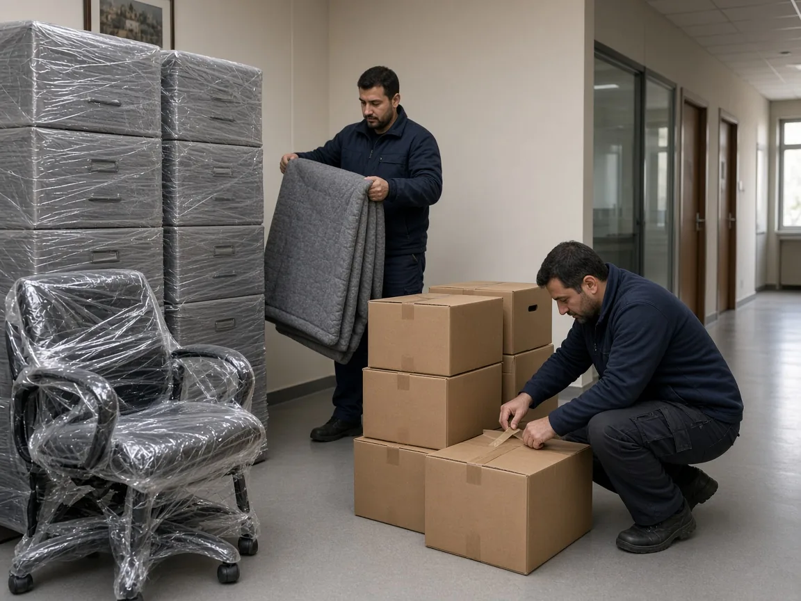 Ofis koridorunda örtülü dosya dolapları, paketlenmiş koltuk ve koli hazırlığı.