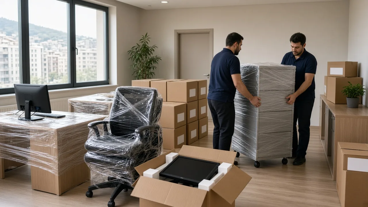 Ofis taşımada streçlenmiş masa ve koltuk, arşiv kolileri ve paketlenmiş dosya dolabı.